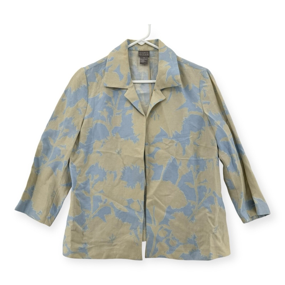 Sigrid Olsen Womens 10 Floral‎ Linen Blazer Open Front Blue Tan Jacket 0018
